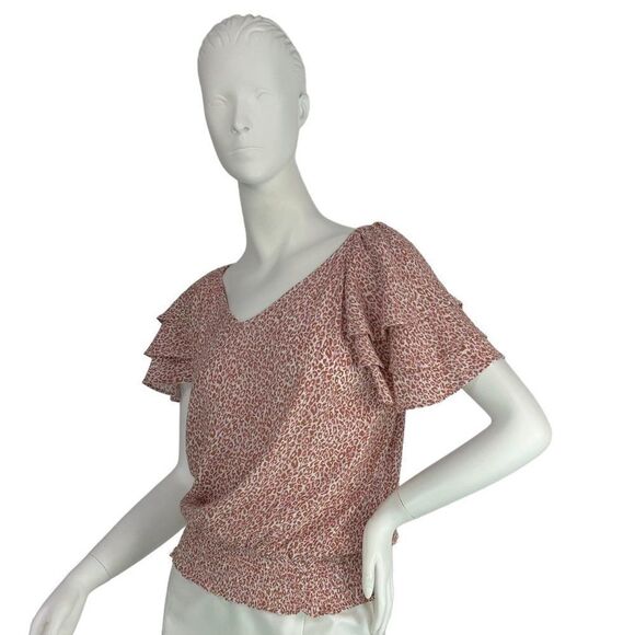 1. State Short Sleeve Pink & Tan Leopard Print Ruffle Sleeve Top Smocked Hem XS - Picture 1 of 10